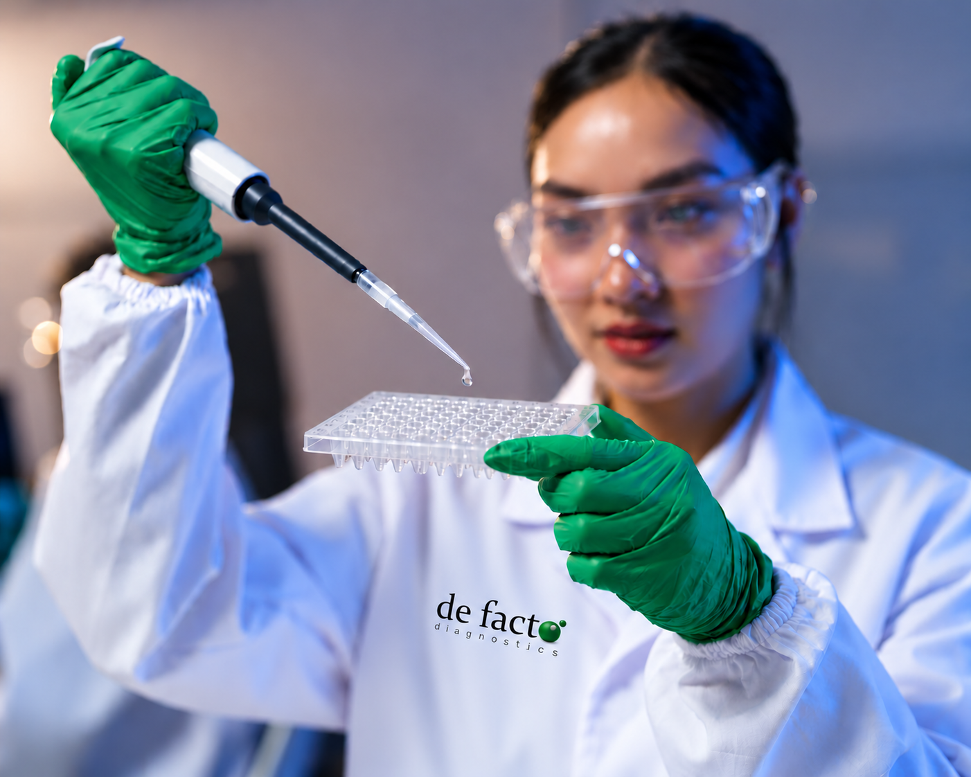 De Facto Diagnostics scientist working with a laboratory plate